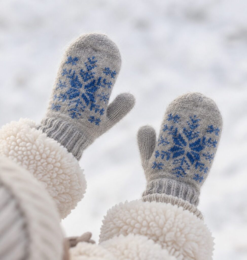 Lasten villased labakäpikud BLUE SNOWFLAKES, WoolLando